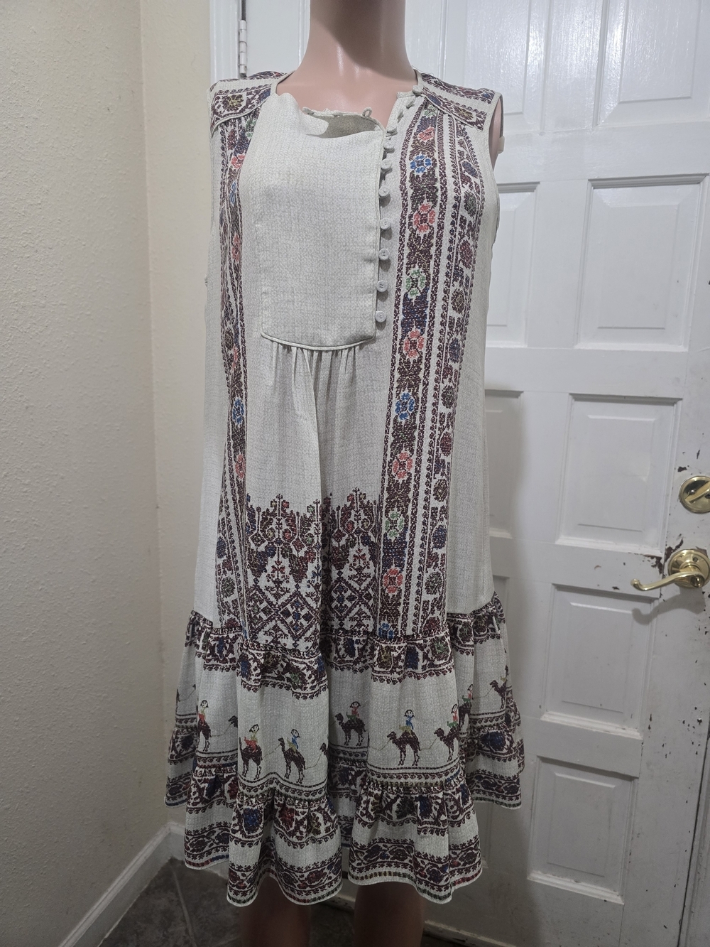 BCBGMaxAzria Ivory Midi Dress with Multicolor Embroidered Trim